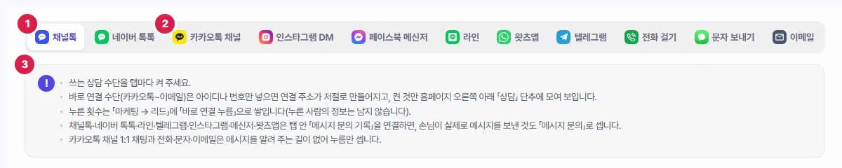 상담 톡 설정 화면 위쪽. 1번 채널톡 탭, 2번 카카오톡 채널 탭, 3번 안내 상자에 번호가 있습니다.