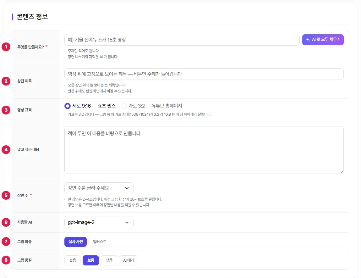 새 숏폼영상 작성 화면. 1번 무엇을 만들까요, 2번 상단 제목, 3번 영상 규격, 4번 넣고 싶은 내용, 5번 장면 수, 6번 사용할 AI, 7번 그림 화풍, 8번 그림 품질입니다.