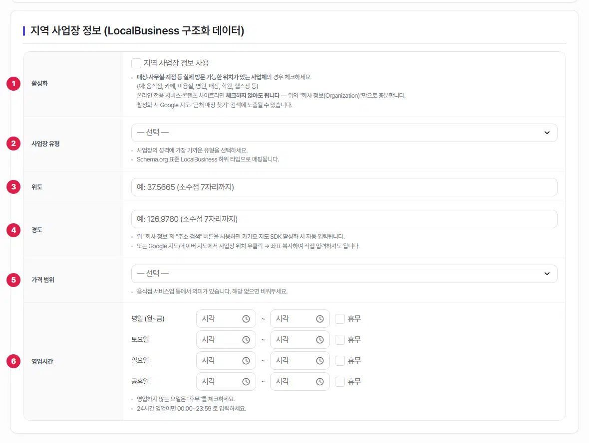 지역 사업장 정보 표. 활성화, 사업장 유형, 위도, 경도, 가격 범위, 영업시간 여섯 줄에 1번부터 6번까지 번호가 붙어 있습니다. 영업시간에는 평일·토요일·일요일·공휴일마다 시작·끝 시각과 휴무 체크가 있습니다.